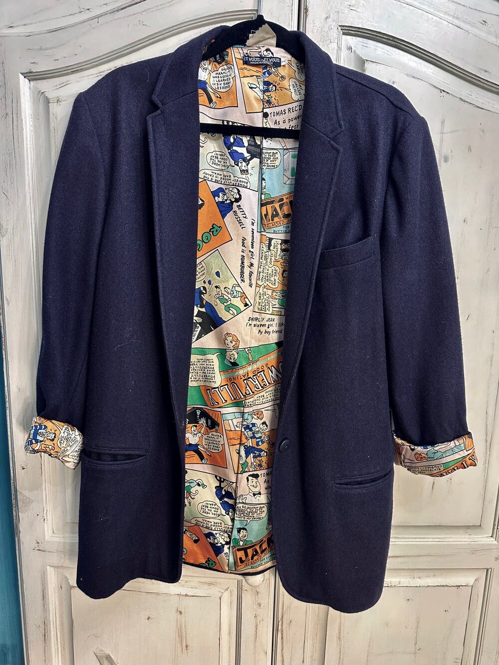 VINTAGE 80's ET VOUS WOOL BLEND COMIC LINED BLAZER JACKET MADE IN FRANCE
